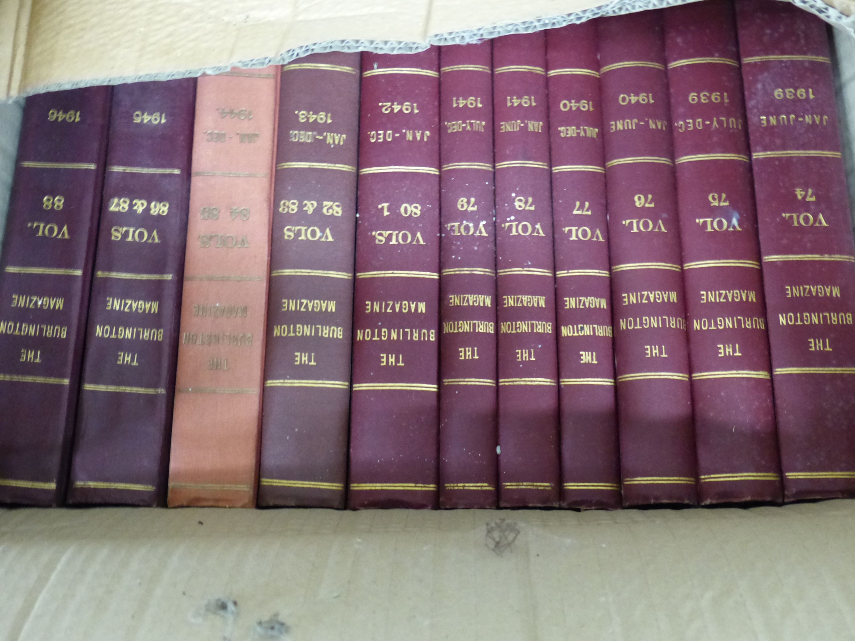 Burlington Magazine: Vol 1 (1903), Vol 4 (1904), Vol 37 (1920), Vol 138 (1996) various bindings. 1997-2013 unbound. Antiquaries Journal: Vol 1 (1921) to 2010. Missing 1974. 1921-1984 bound (1921 to 1942 one binding, 1943